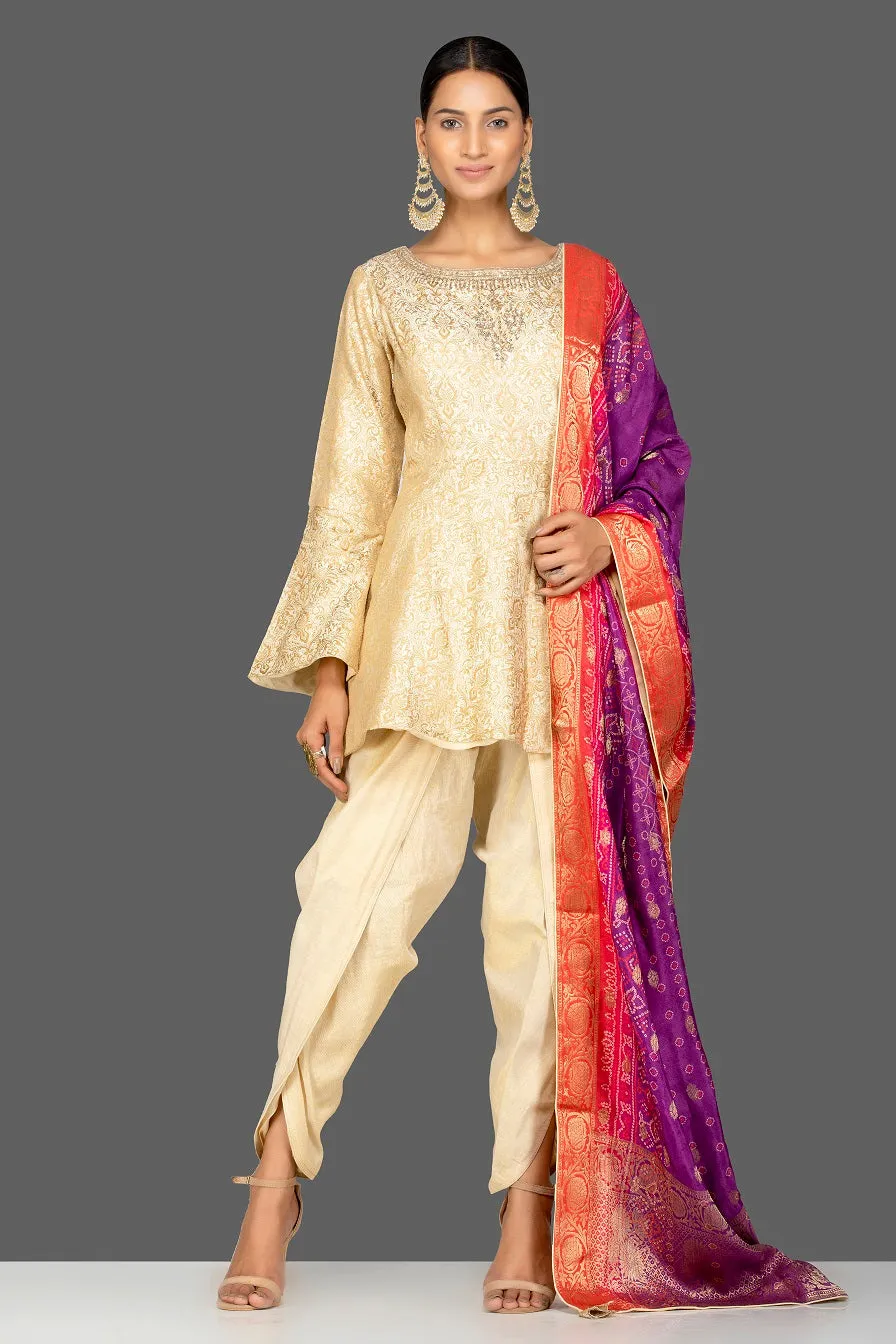 502413  Cream Embroidered Erocade Silk Salwar Suit with Bandhej Dupatta