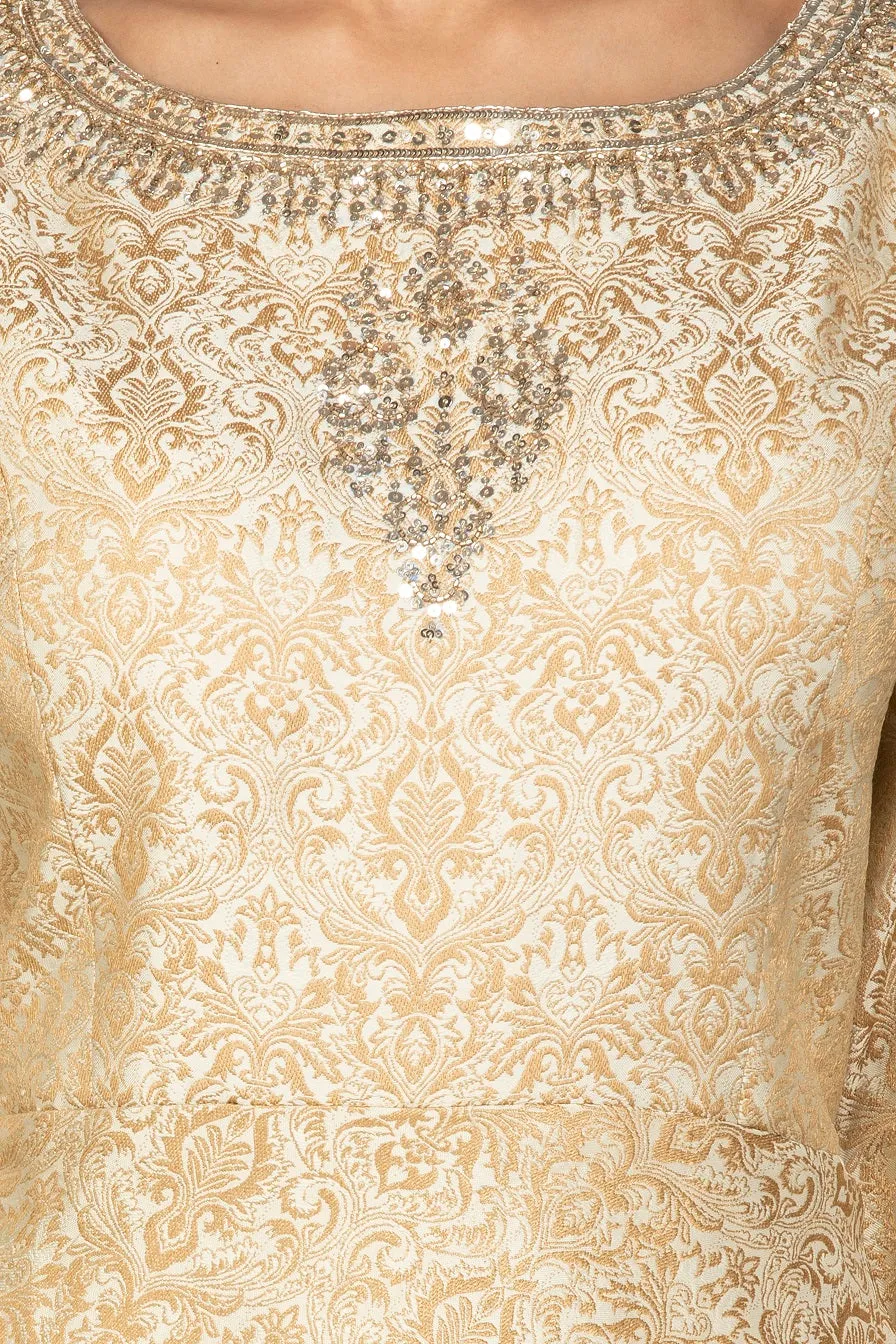 502413  Cream Embroidered Erocade Silk Salwar Suit with Bandhej Dupatta
