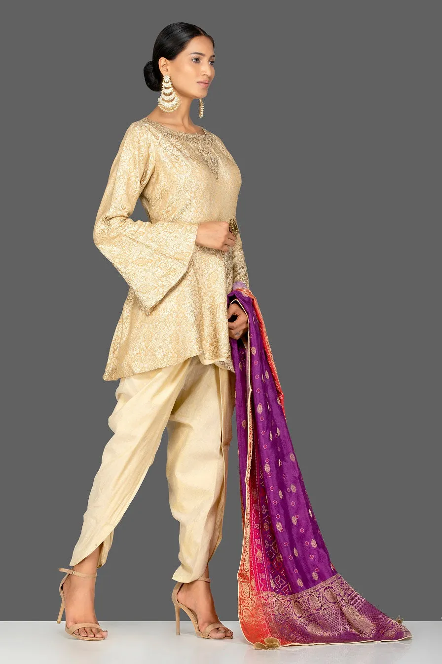 502413  Cream Embroidered Erocade Silk Salwar Suit with Bandhej Dupatta
