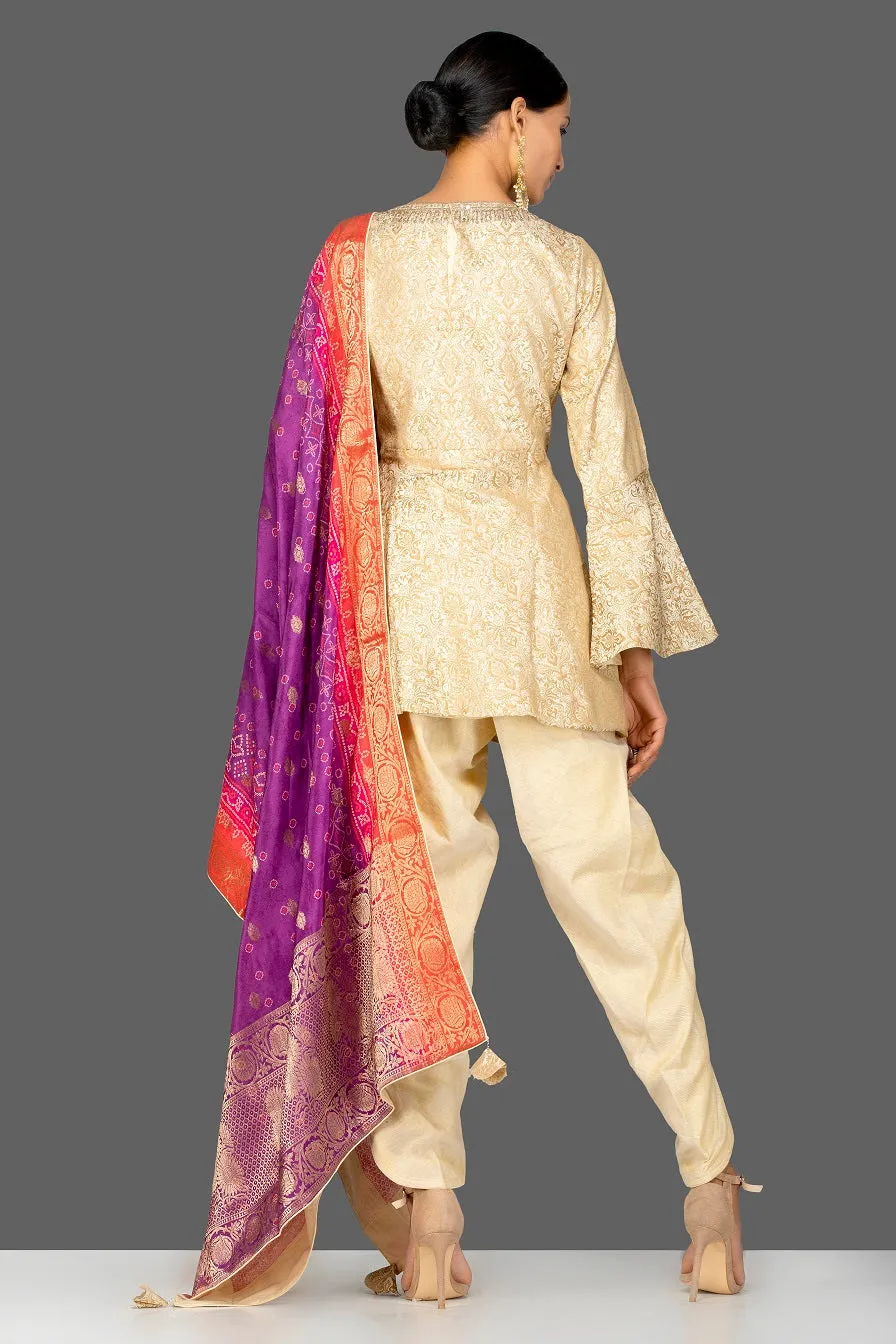 502413  Cream Embroidered Erocade Silk Salwar Suit with Bandhej Dupatta