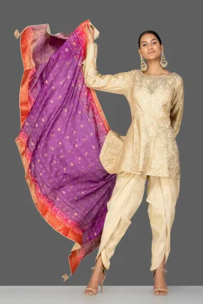 502413  Cream Embroidered Erocade Silk Salwar Suit with Bandhej Dupatta