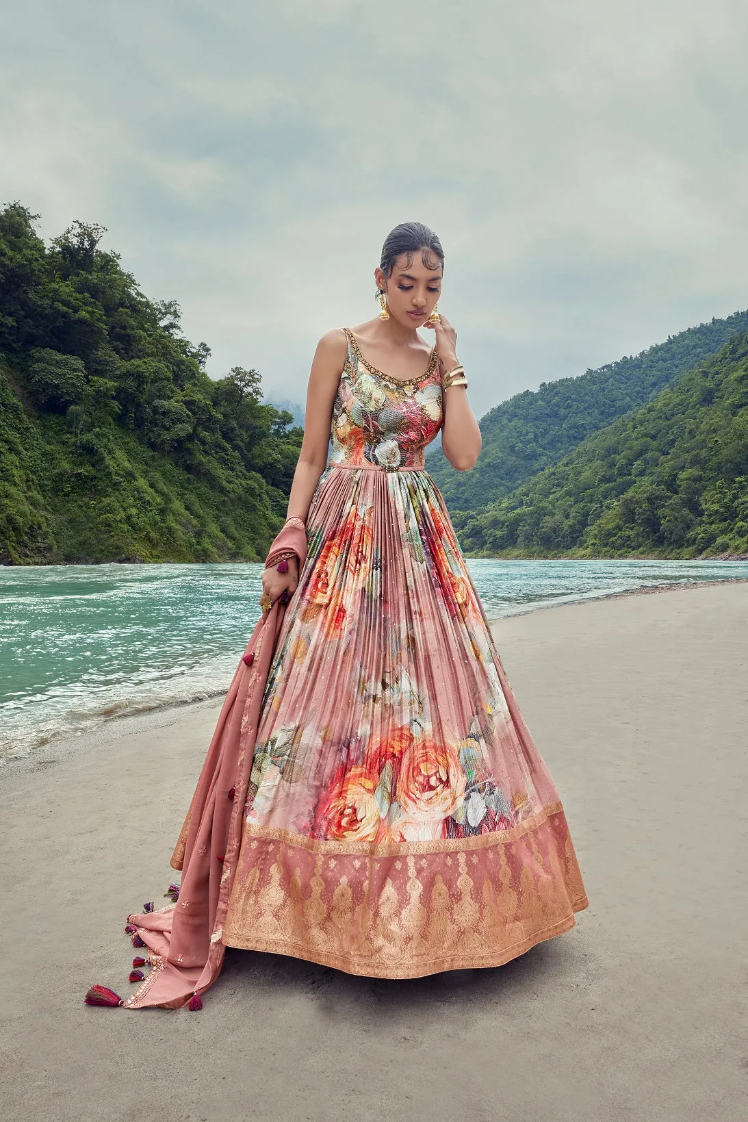 510009-RO Peach Floral Georgette Anarkali Suit with Dupatta