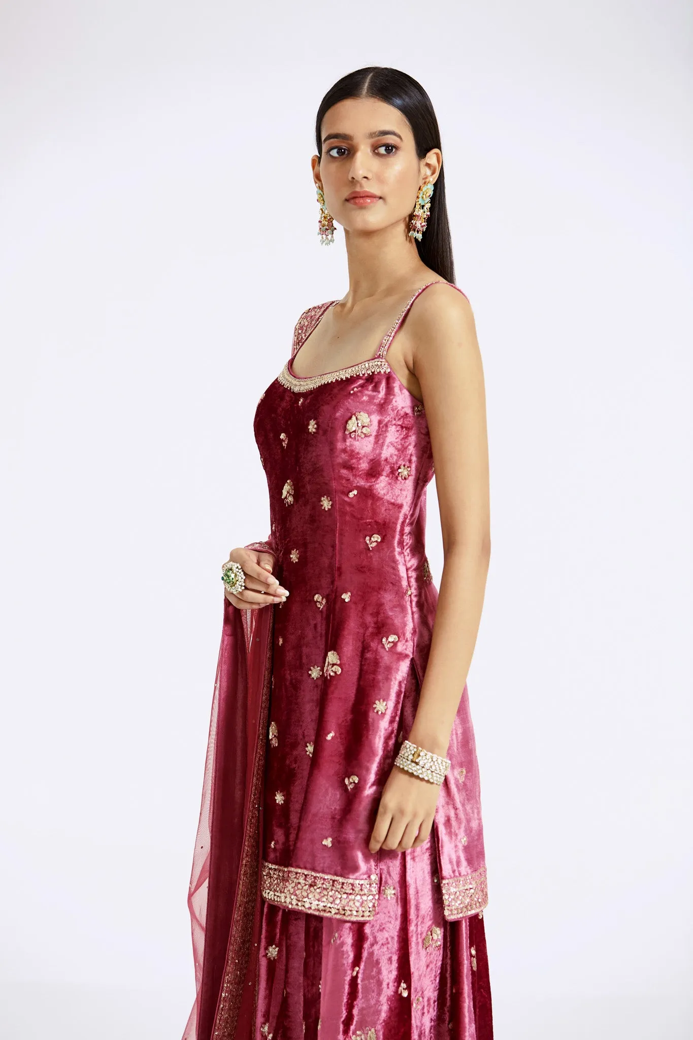 51Z002-RO Pink Velvet Embroidered Sharara Suit with Dupatta