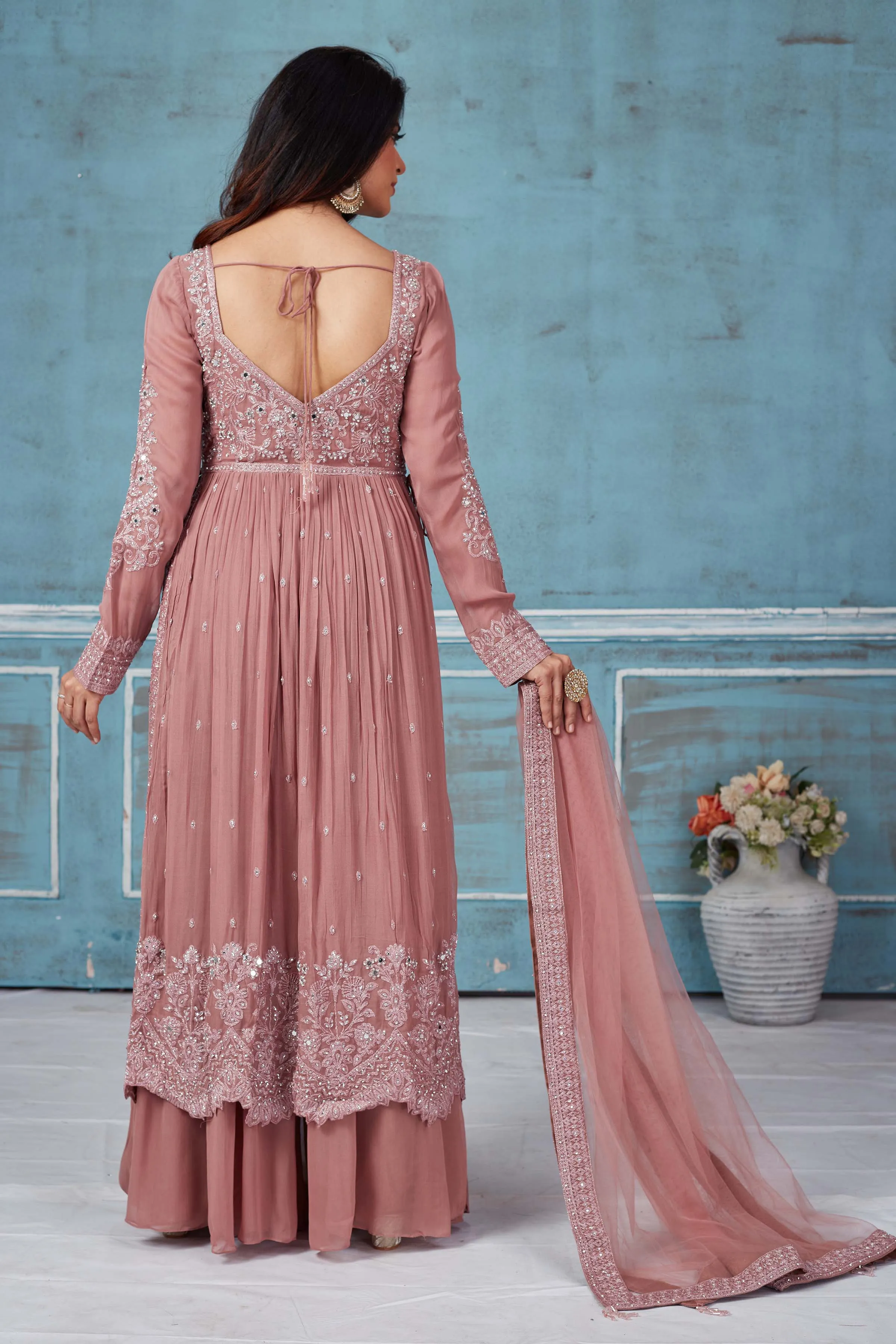 52A158 Dusty Pink Embroidered Georgette Palazzo Suit With Dupatta