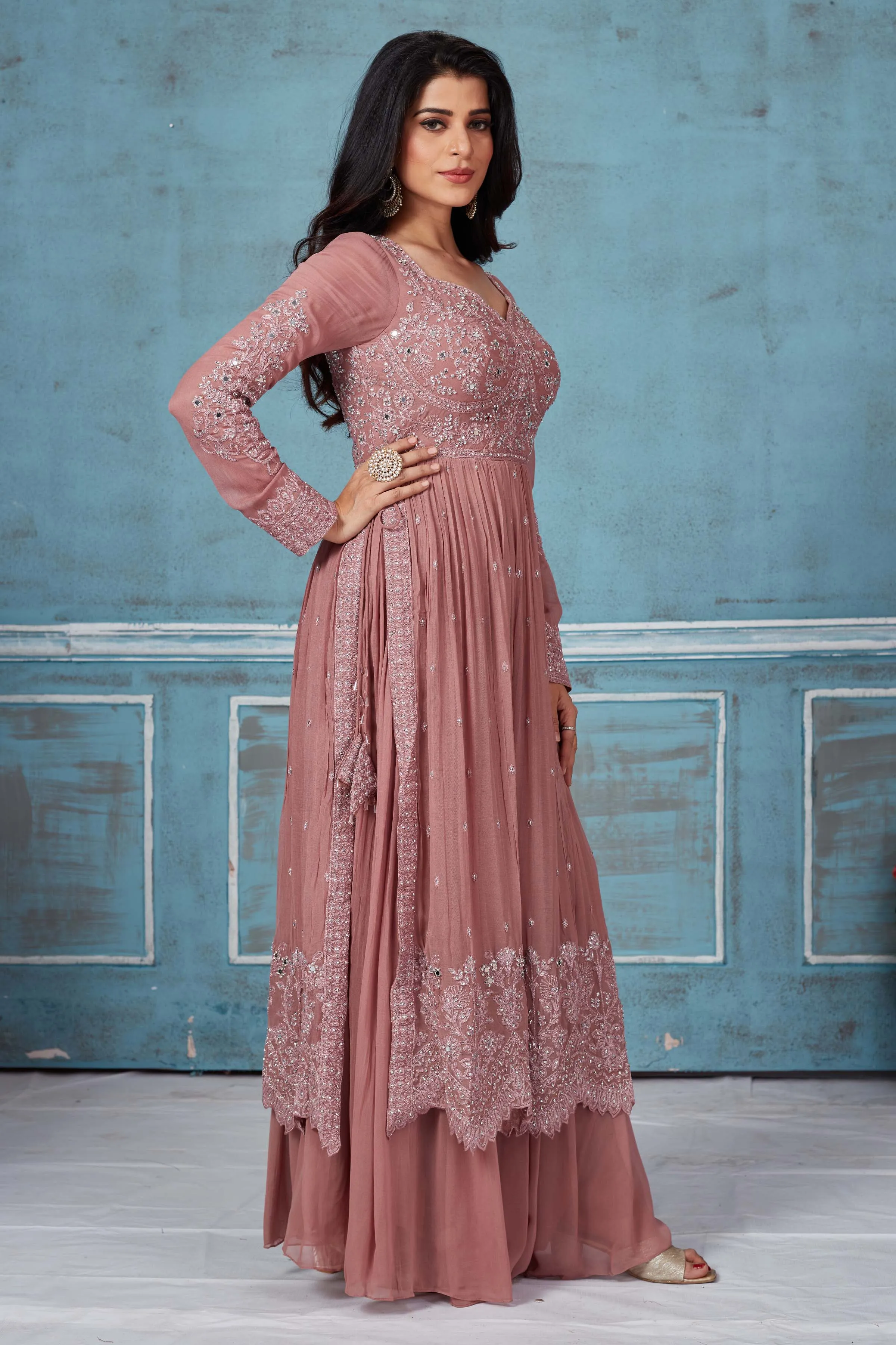 52A158 Dusty Pink Embroidered Georgette Palazzo Suit With Dupatta