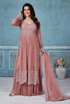 52A158 Dusty Pink Embroidered Georgette Palazzo Suit With Dupatta