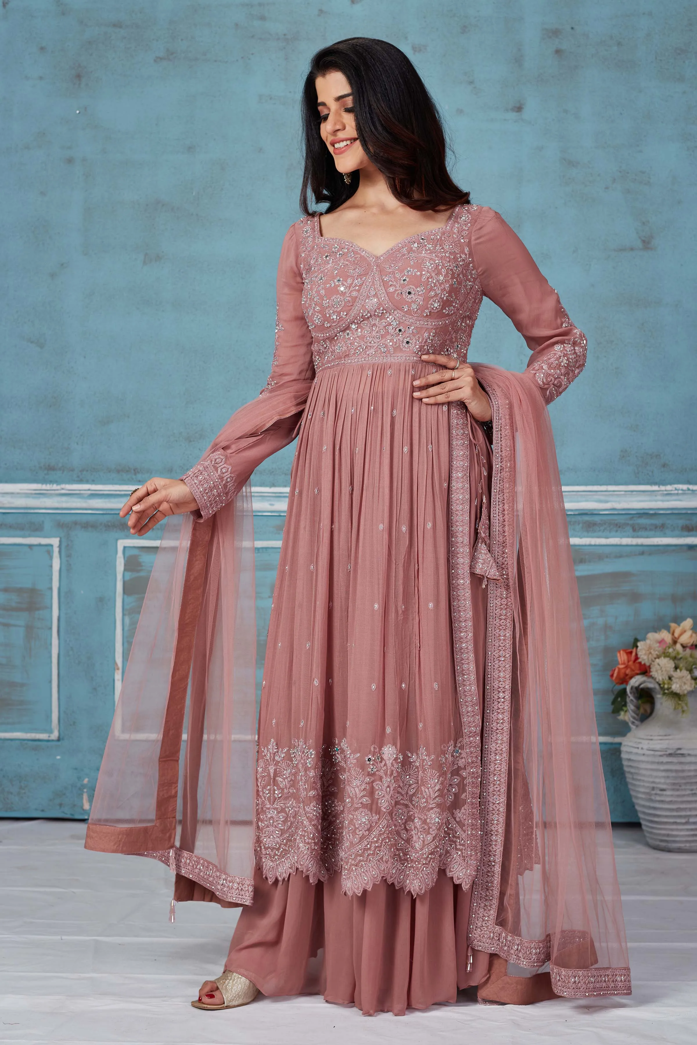 52A158 Dusty Pink Embroidered Georgette Palazzo Suit With Dupatta
