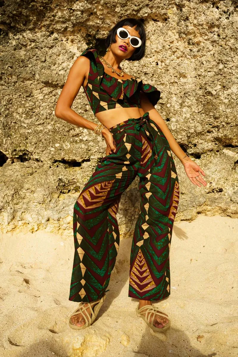 Adaora Wide leg Twin Set - Green Sangria African Ankara Wax Cotton Print