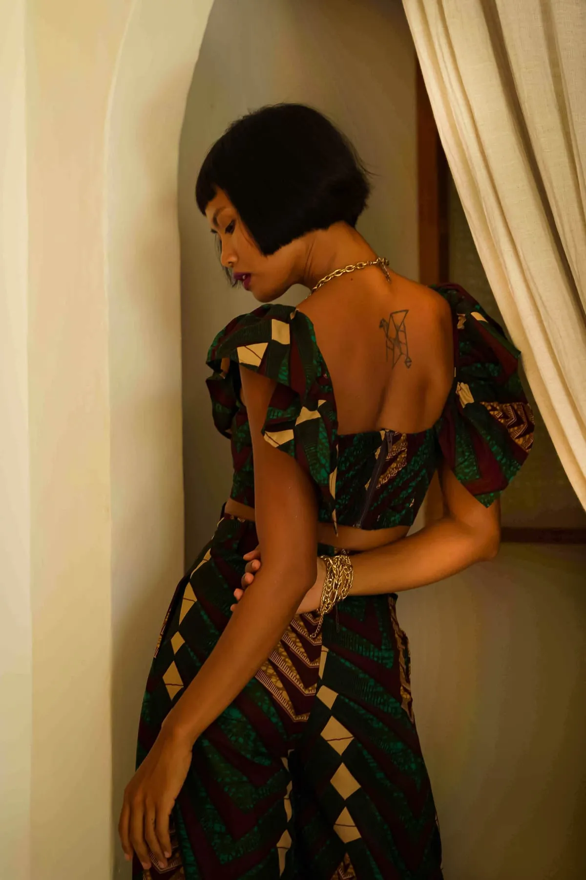 Adaora Wide leg Twin Set - Green Sangria African Ankara Wax Cotton Print