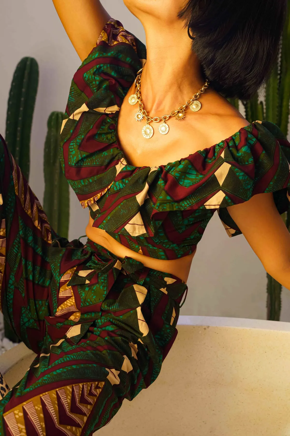 Adaora Wide leg Twin Set - Green Sangria African Ankara Wax Cotton Print
