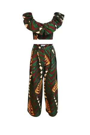 Adaora Wide leg Twin Set - Green Sangria African Ankara Wax Cotton Print