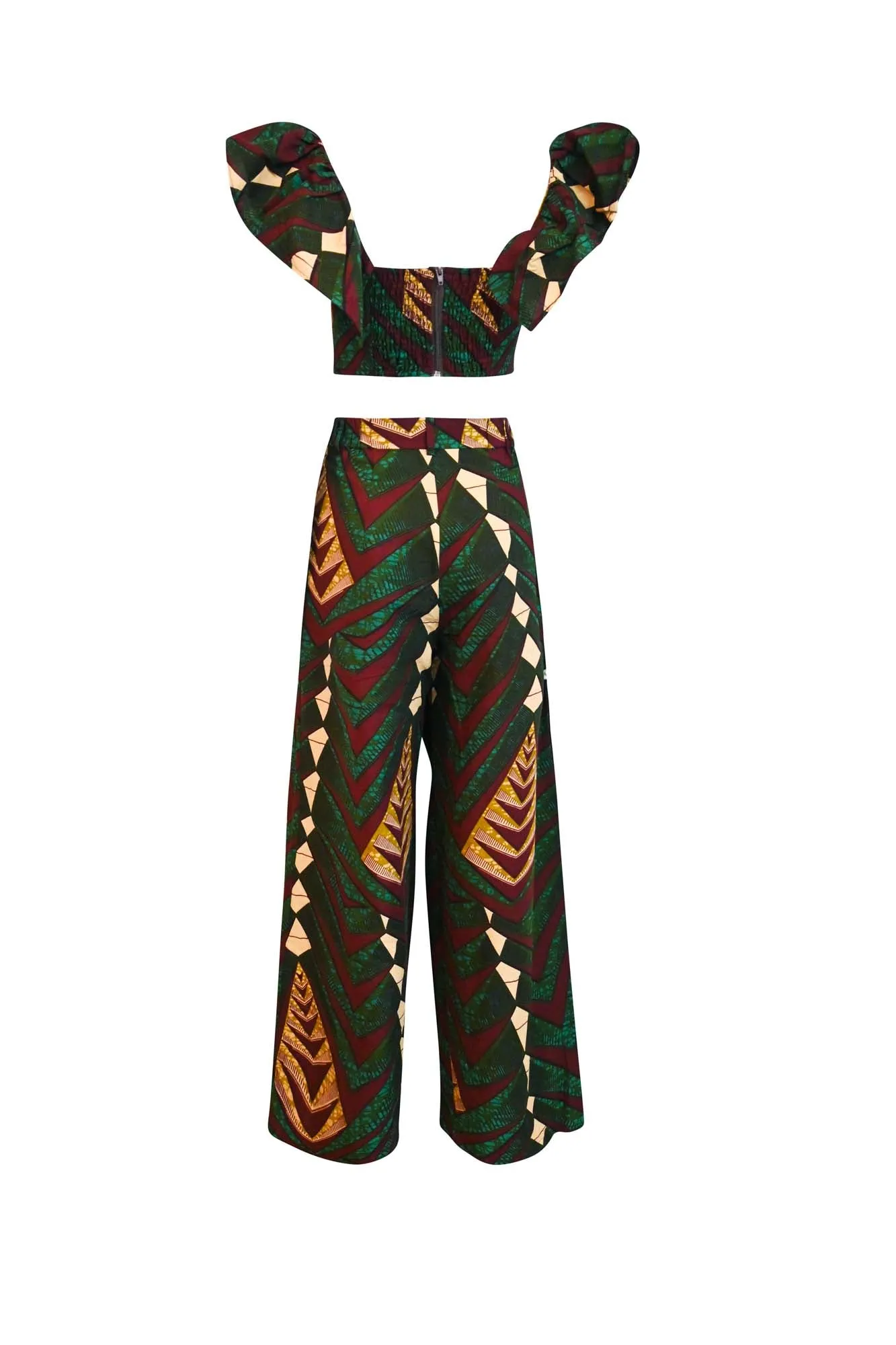 Adaora Wide leg Twin Set - Green Sangria African Ankara Wax Cotton Print
