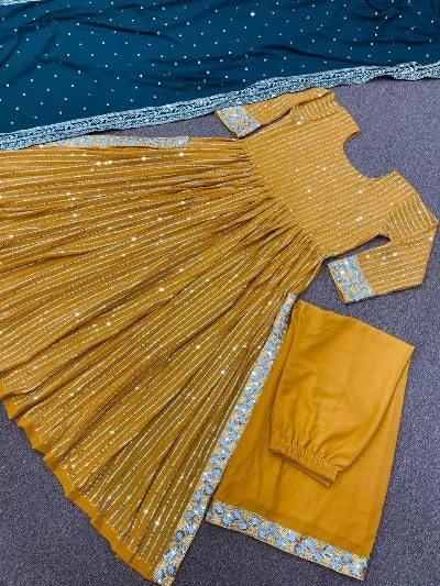 Anarkali Gold Embroidery Gown Set of 3