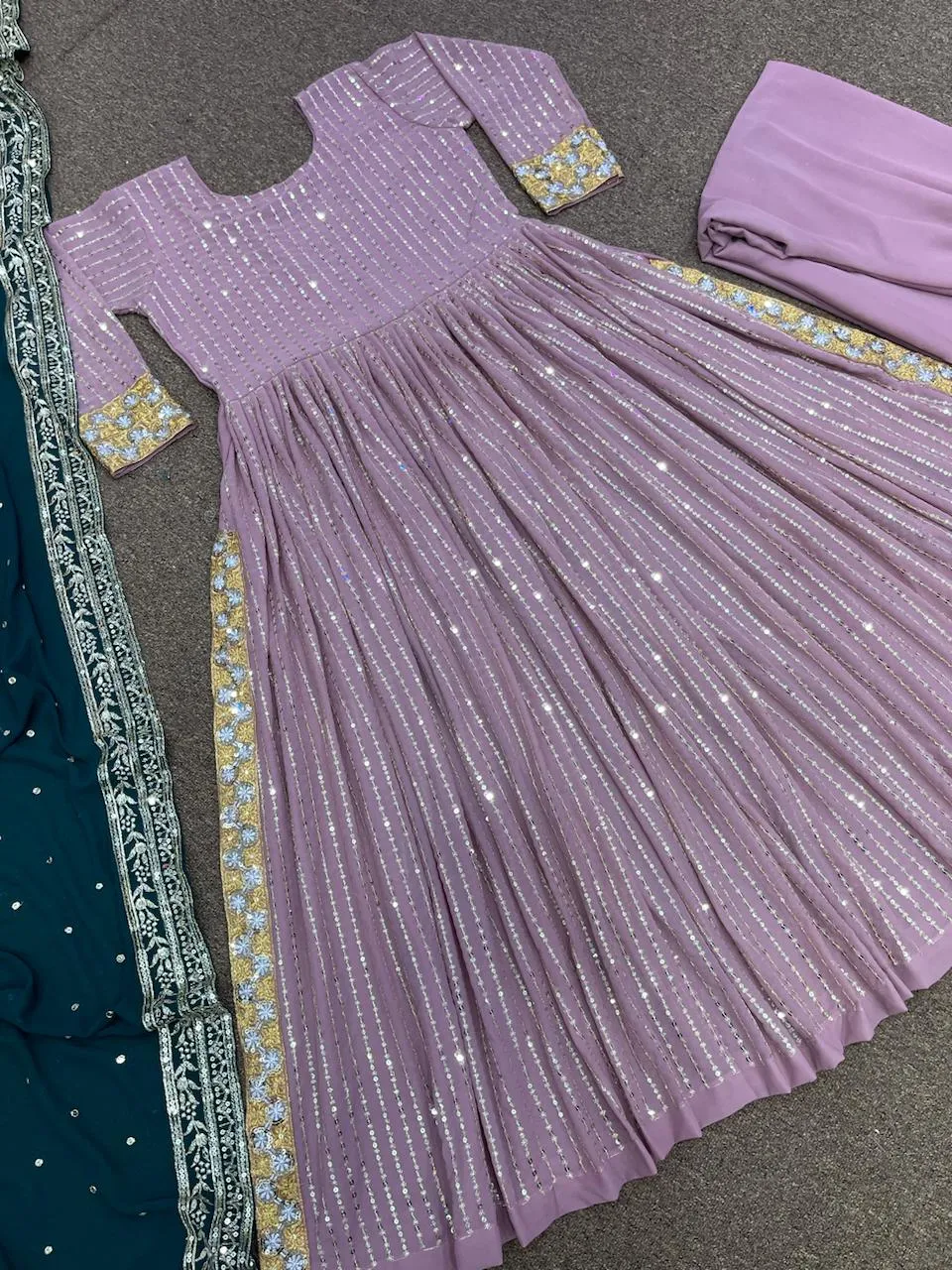 Anarkali Gold Embroidery Gown Set of 3