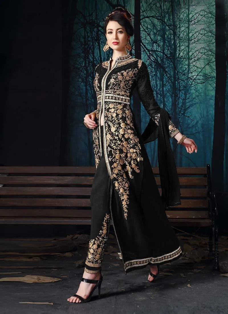 Astonishing Georgette Base Black Color Stone Work Slit-Cut Pant Style Suit