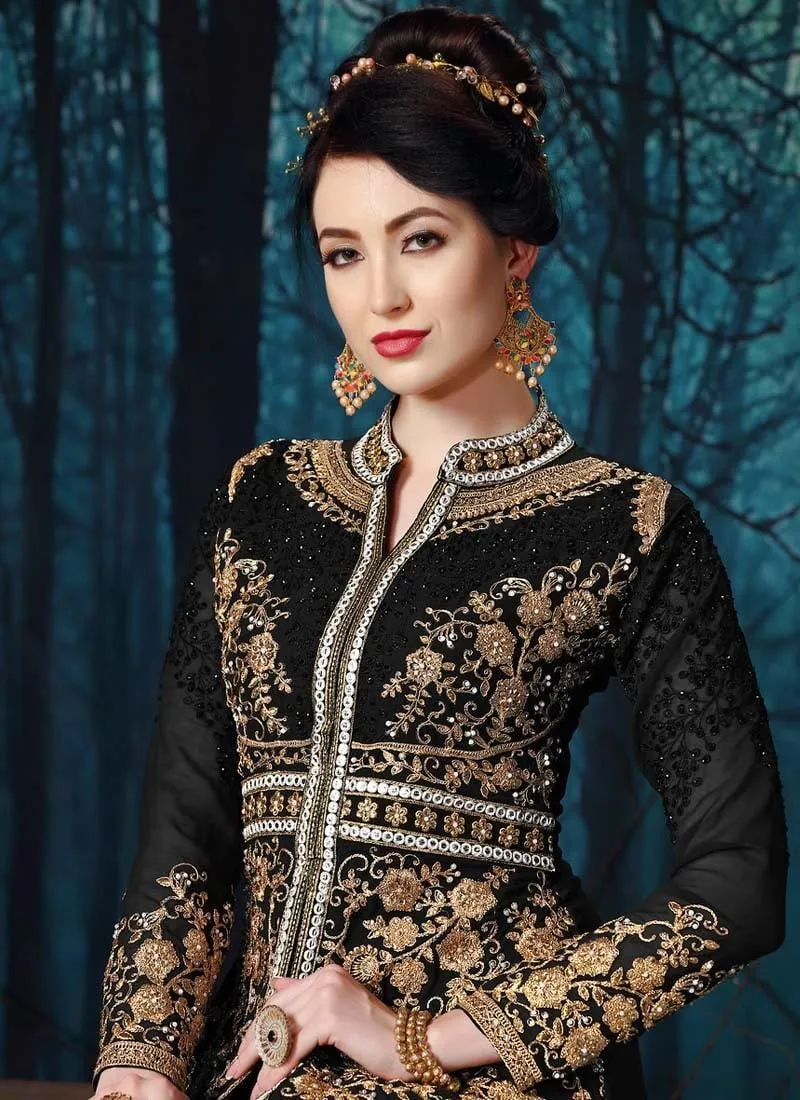 Astonishing Georgette Base Black Color Stone Work Slit-Cut Pant Style Suit