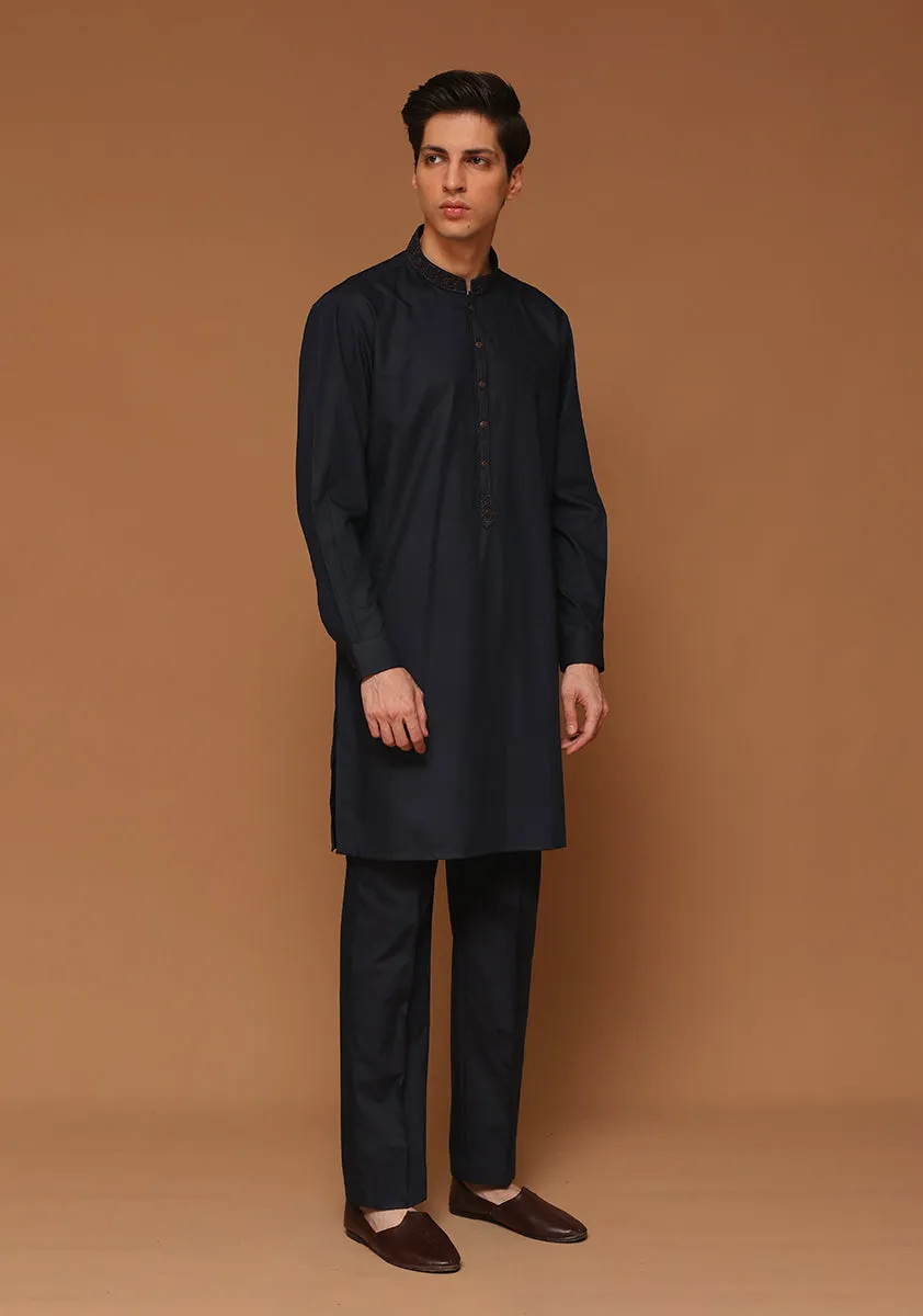 Basic Poly Viscose Maluki Dark Sapphire Slim Fit Embroidered Suit