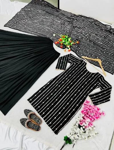 Black Georgette Embroidery Sequence Palazzo Suit Set