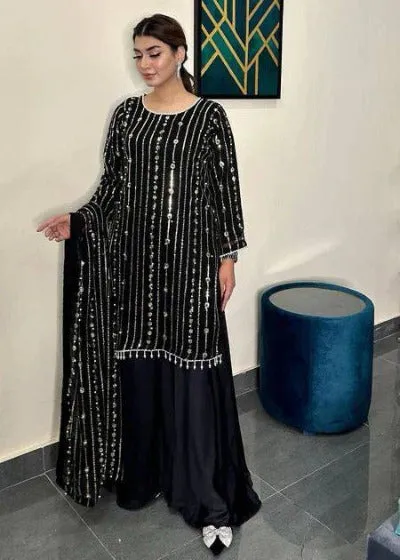 Black Georgette Embroidery Sequence Palazzo Suit Set