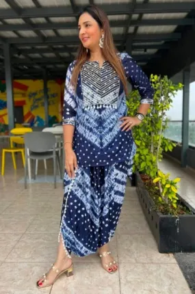 Blue Bandhani Print Pure Tapeta Silk Short Kurti With Dhoti