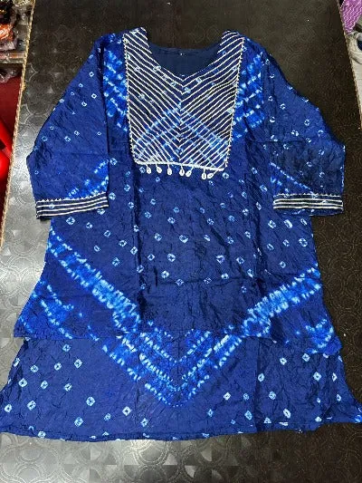 Blue Bandhani Print Pure Tapeta Silk Short Kurti With Dhoti