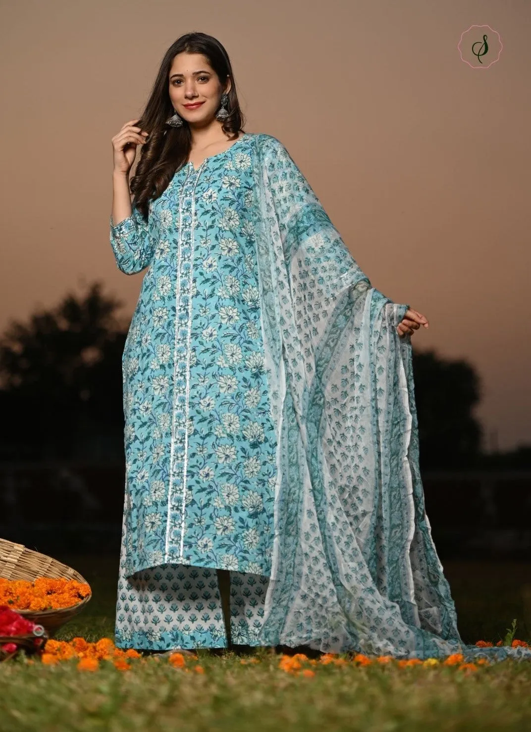 Blue Floral Hand Block Print Cotton Suit Set with Chiffon Dupatta (CSS12CH)