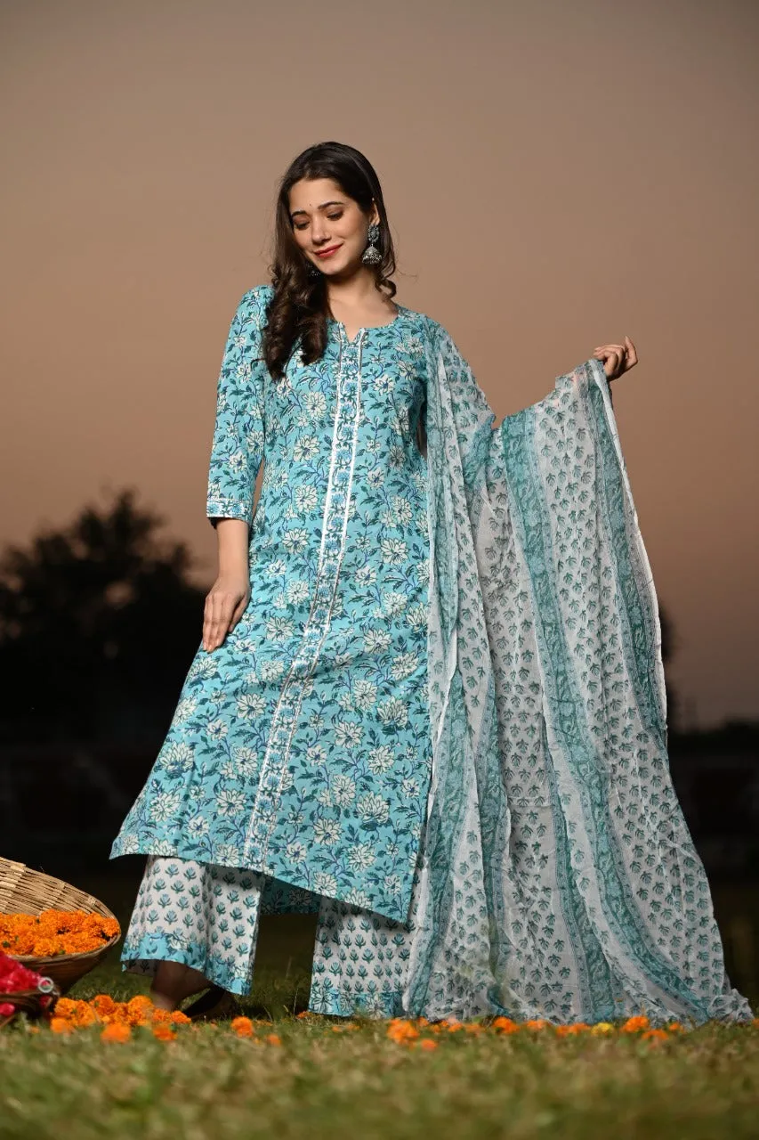 Blue Floral Hand Block Print Cotton Suit Set with Chiffon Dupatta (CSS12CH)