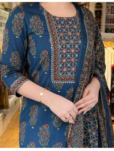 Blue Red Cotton Kurti Pant Dupatta Set of 3