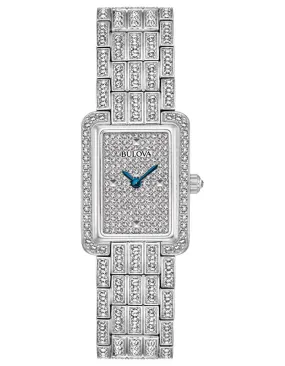 Bulova Womens Swarovski Crystal Watch - Rectangular - Pave Dial - Blue Hands