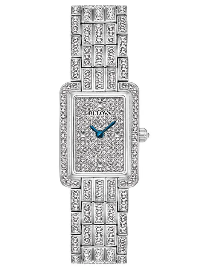 Bulova Womens Swarovski Crystal Watch - Rectangular - Pave Dial - Blue Hands