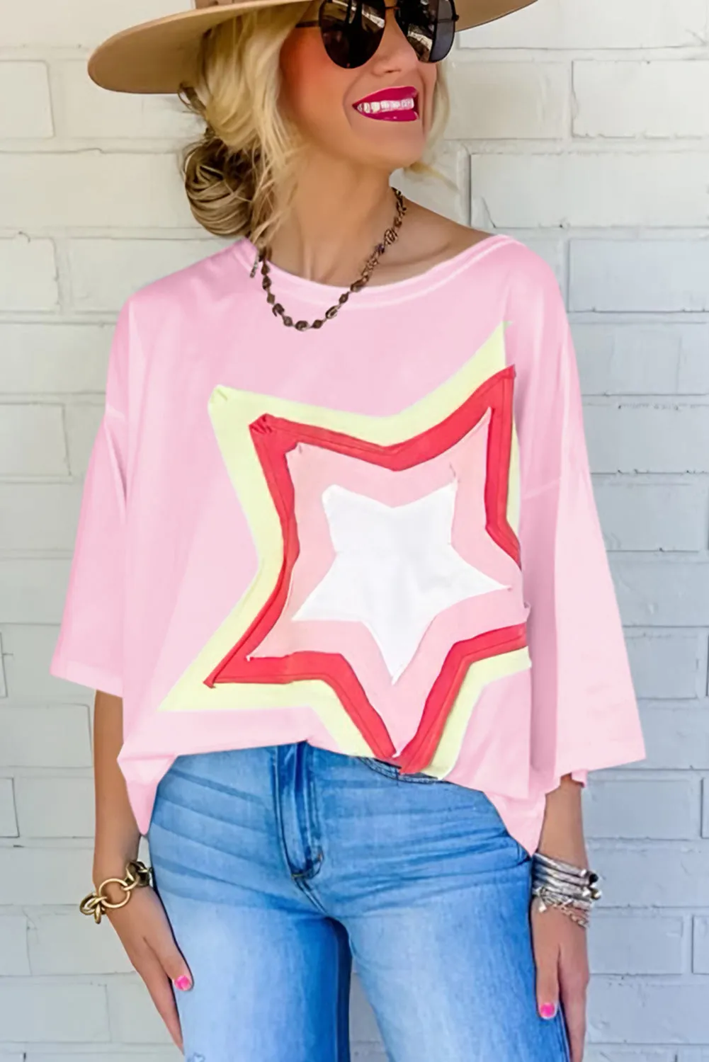 Colorblock Star Patched Half Sleeve Oversized Tee