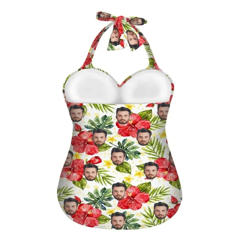 Custom Face Red Flower Strap Personalized One-piece Retro Bikini Swimsuit Custom One Piece Bathing Suits