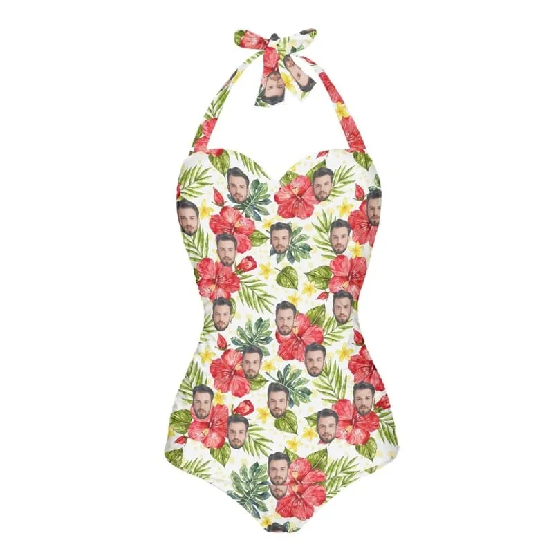 Custom Face Red Flower Strap Personalized One-piece Retro Bikini Swimsuit Custom One Piece Bathing Suits