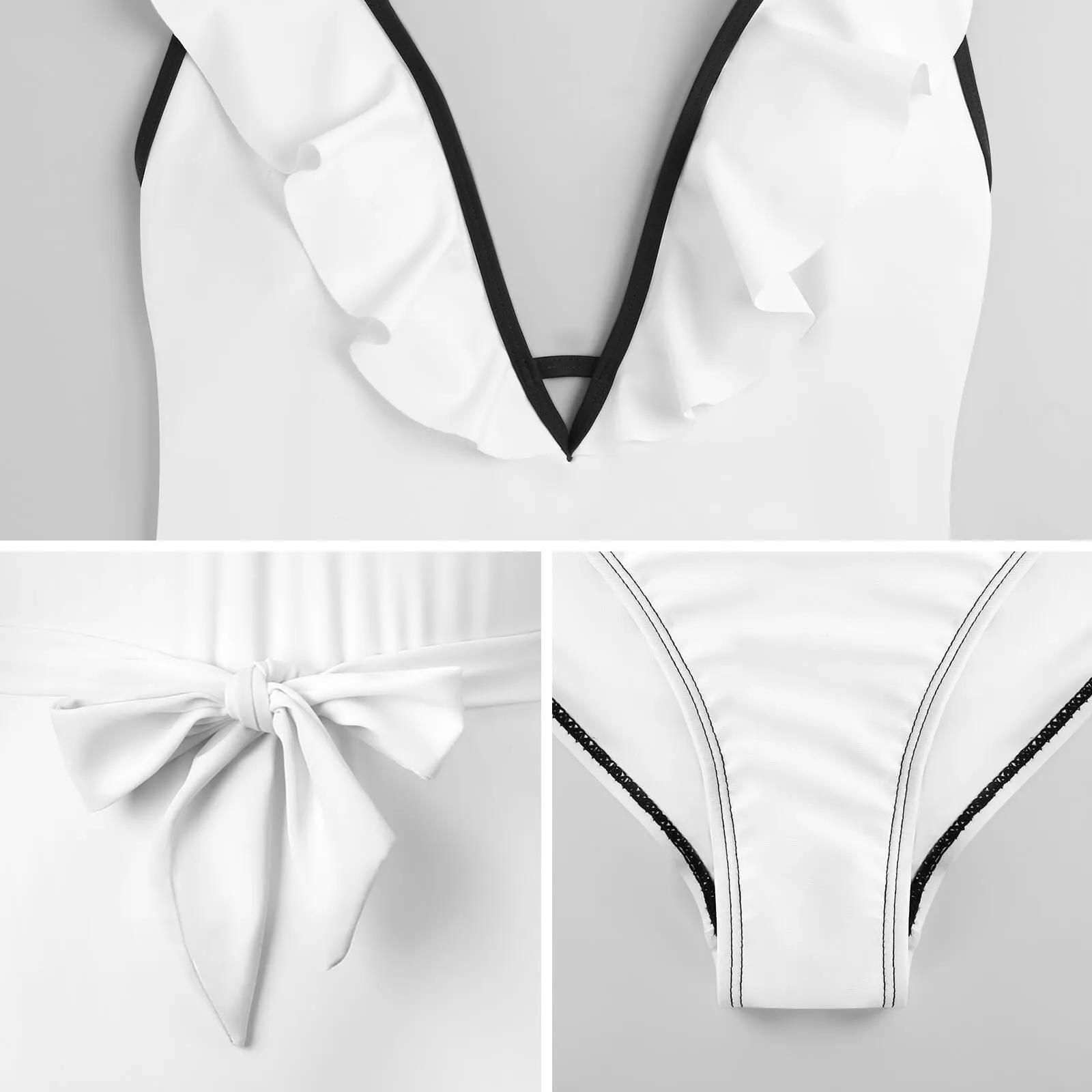 Custom Face Tropical Leaves V Neck Ruffle One Piece Swimsuit Sexy Belt Custom Picture Bathing Suit Tie Back