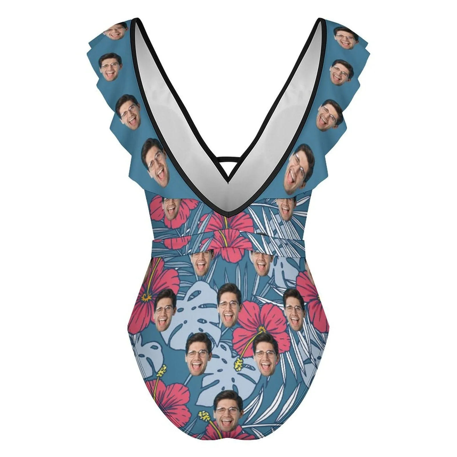 Custom Face Tropical Leaves V Neck Ruffle One Piece Swimsuit Sexy Belt Custom Picture Bathing Suit Tie Back