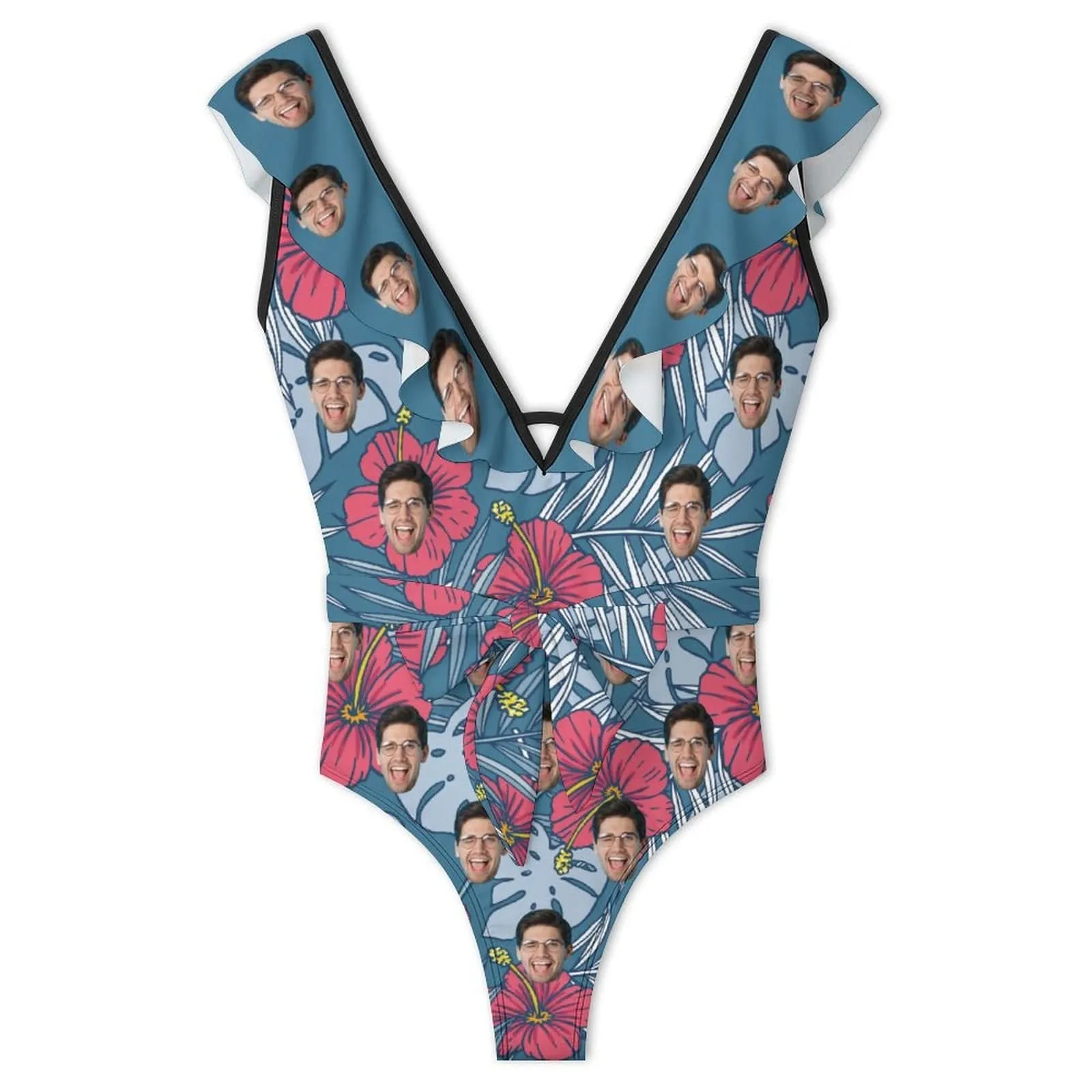 Custom Face Tropical Leaves V Neck Ruffle One Piece Swimsuit Sexy Belt Custom Picture Bathing Suit Tie Back
