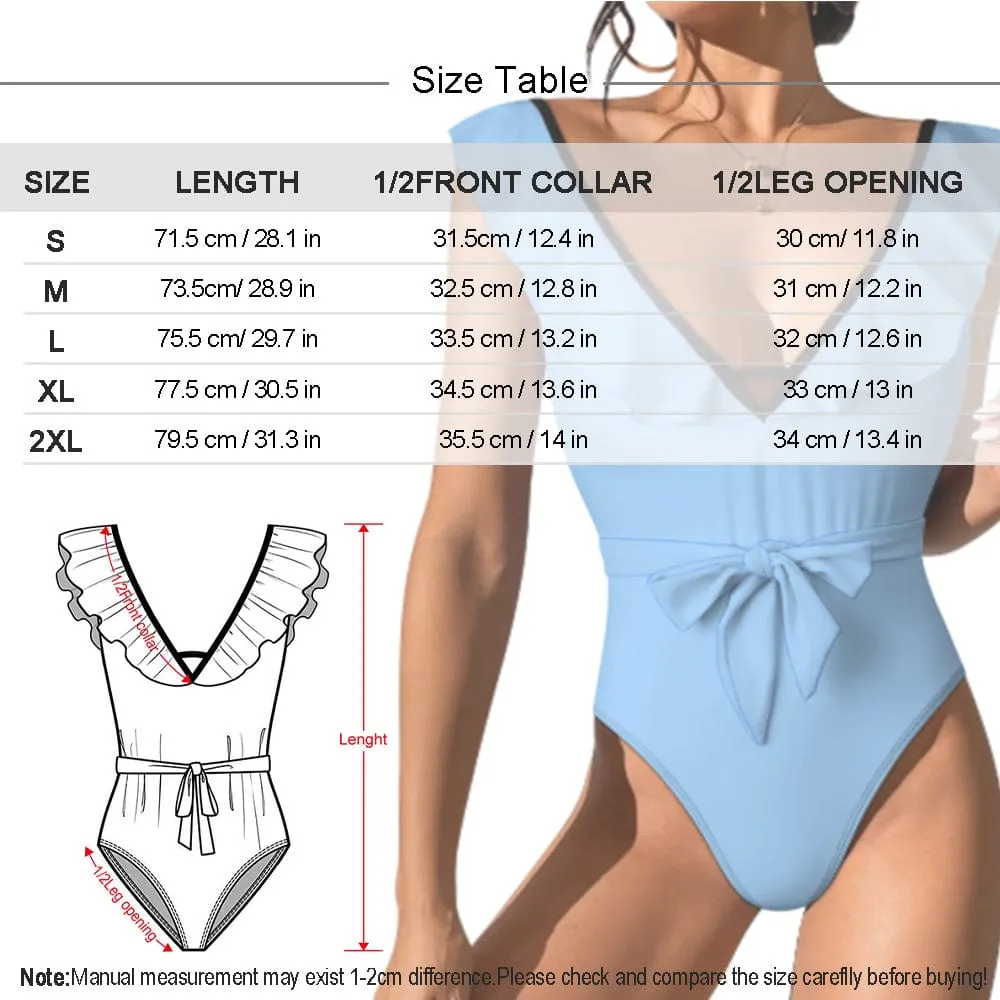 Custom Face Tropical Leaves V Neck Ruffle One Piece Swimsuit Sexy Belt Custom Picture Bathing Suit Tie Back