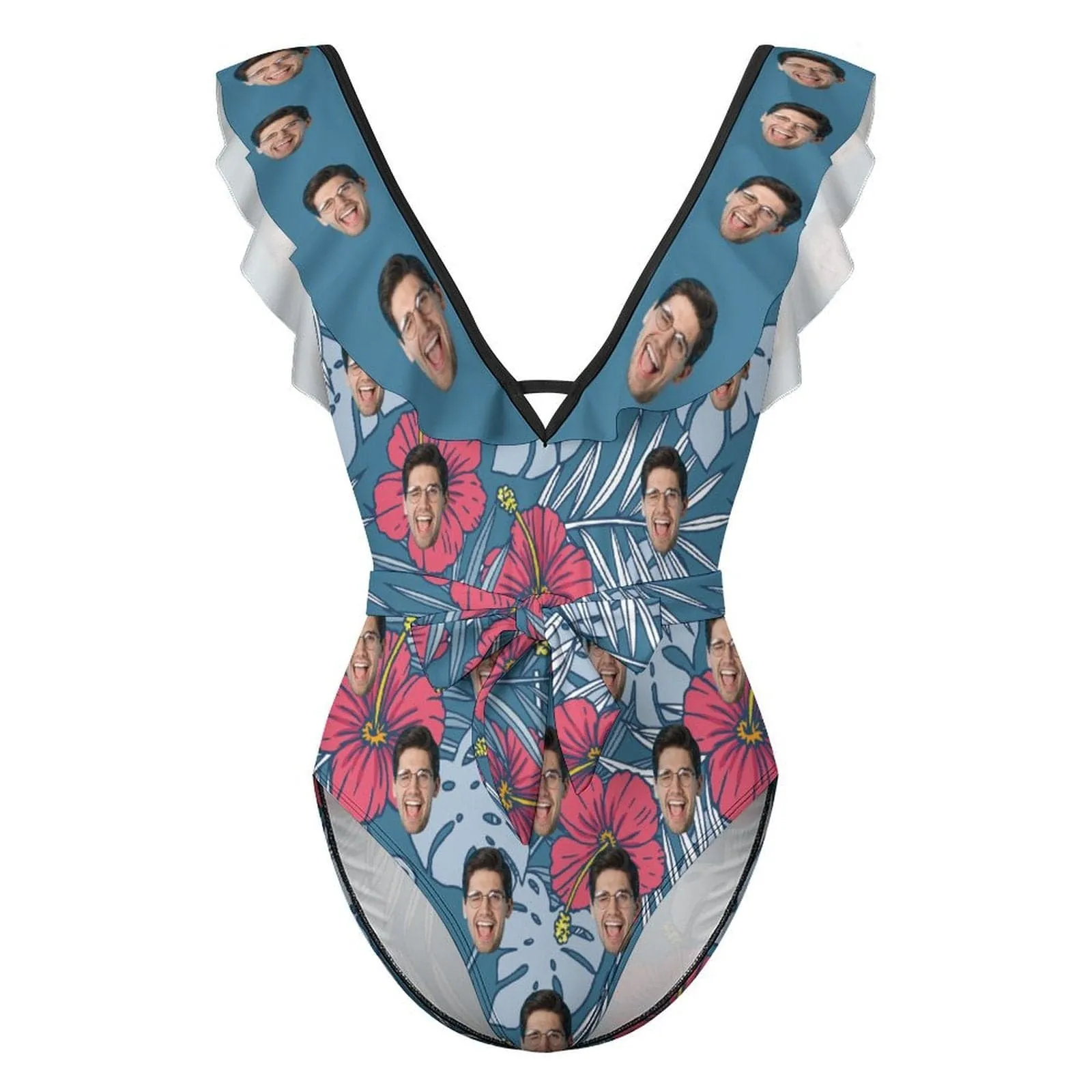 Custom Face Tropical Leaves V Neck Ruffle One Piece Swimsuit Sexy Belt Custom Picture Bathing Suit Tie Back