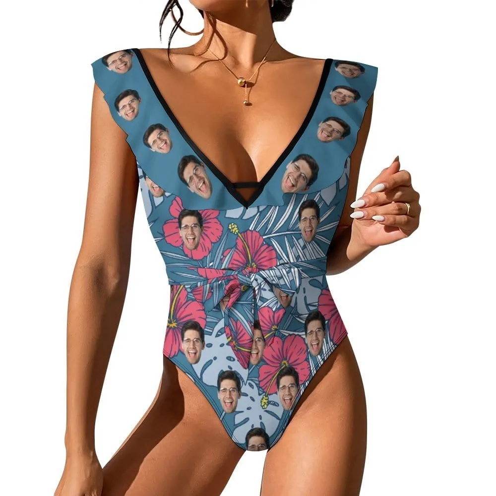 Custom Face Tropical Leaves V Neck Ruffle One Piece Swimsuit Sexy Belt Custom Picture Bathing Suit Tie Back