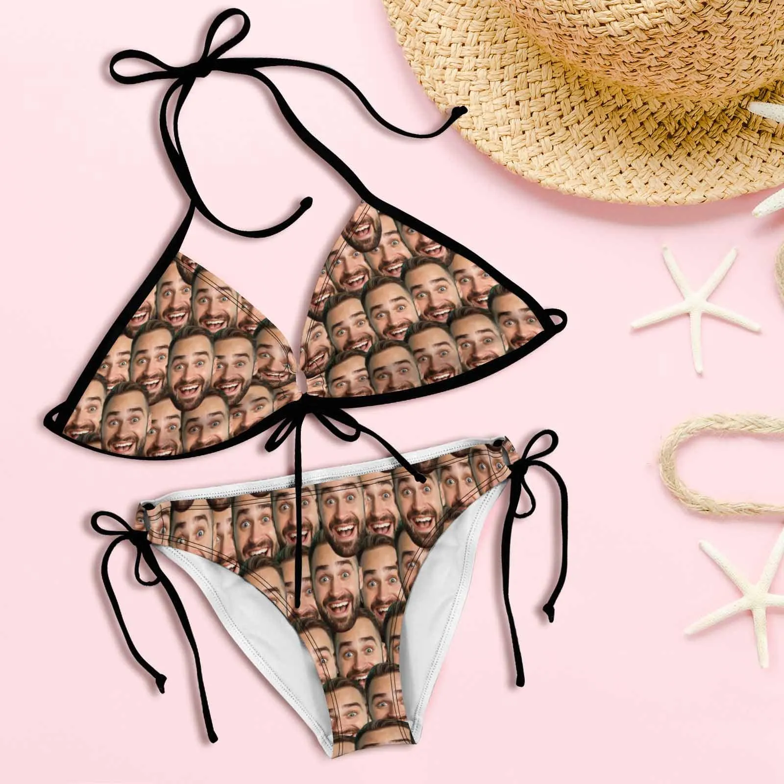 Custom Seamless Face Couple Matching Swimsuit Women's Two-Piece Triangle Bikini Bathing Suit Men's Swim Shorts