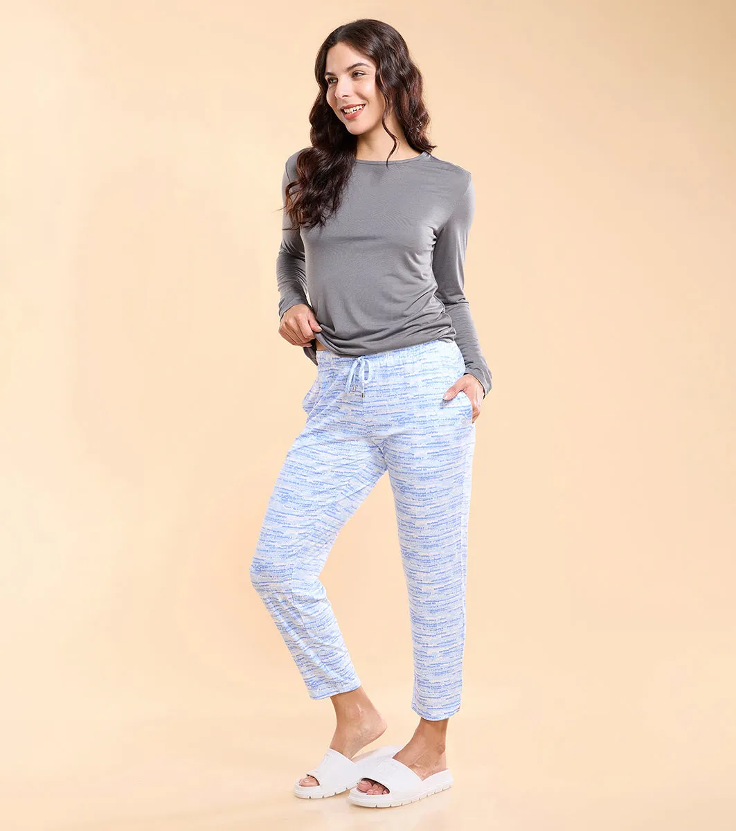 Enamor Essentials E048 Printed Tapered Lounge Pants With Self Fabric Drawstring With Metal Ends