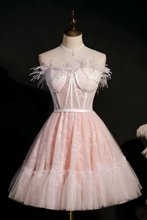 Feather A Line Sleeveless Pink Short Evening Dress Prom Homecoing Dresses