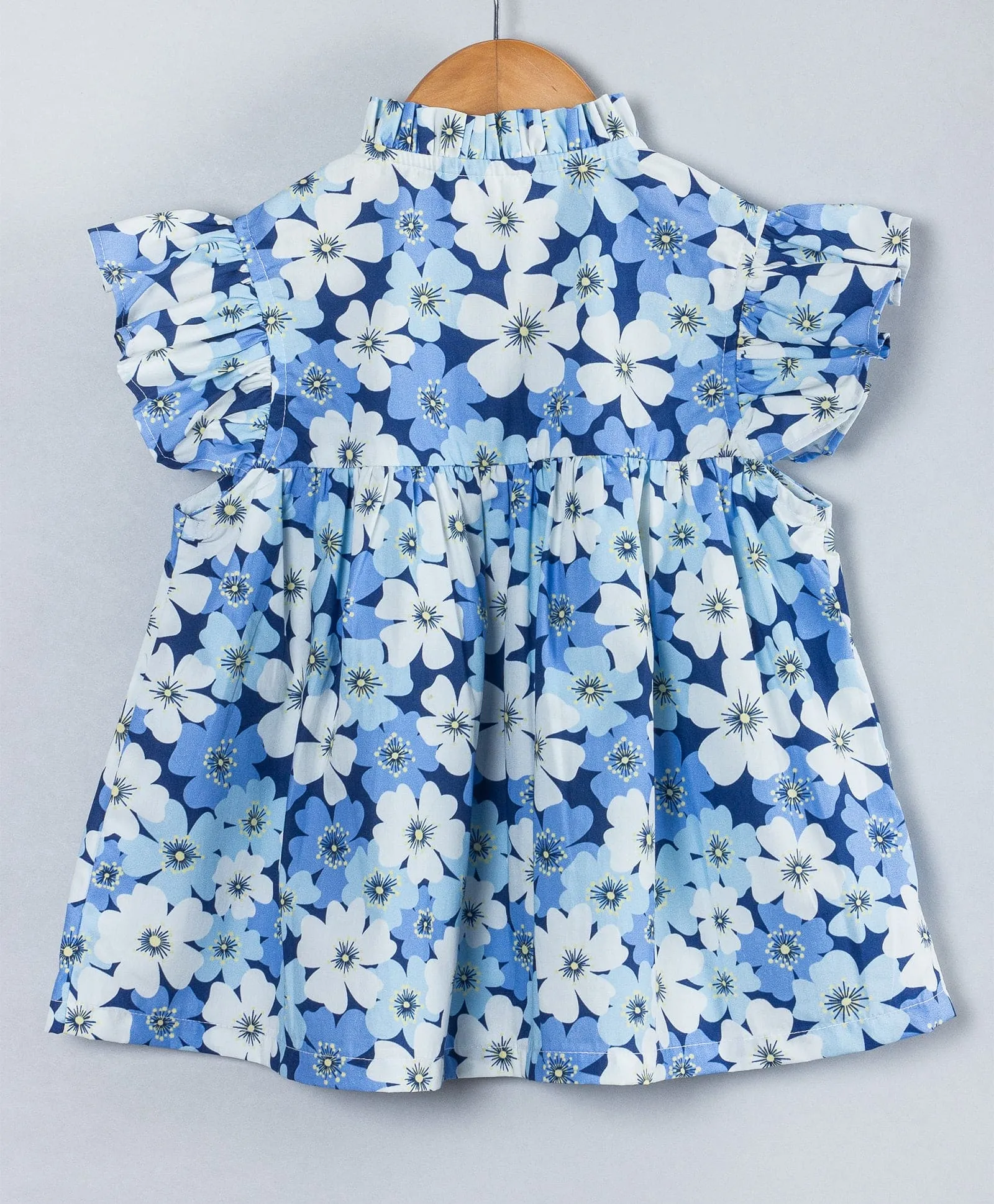Floral print top with frills at neck & armhole with front button down opening-Blue