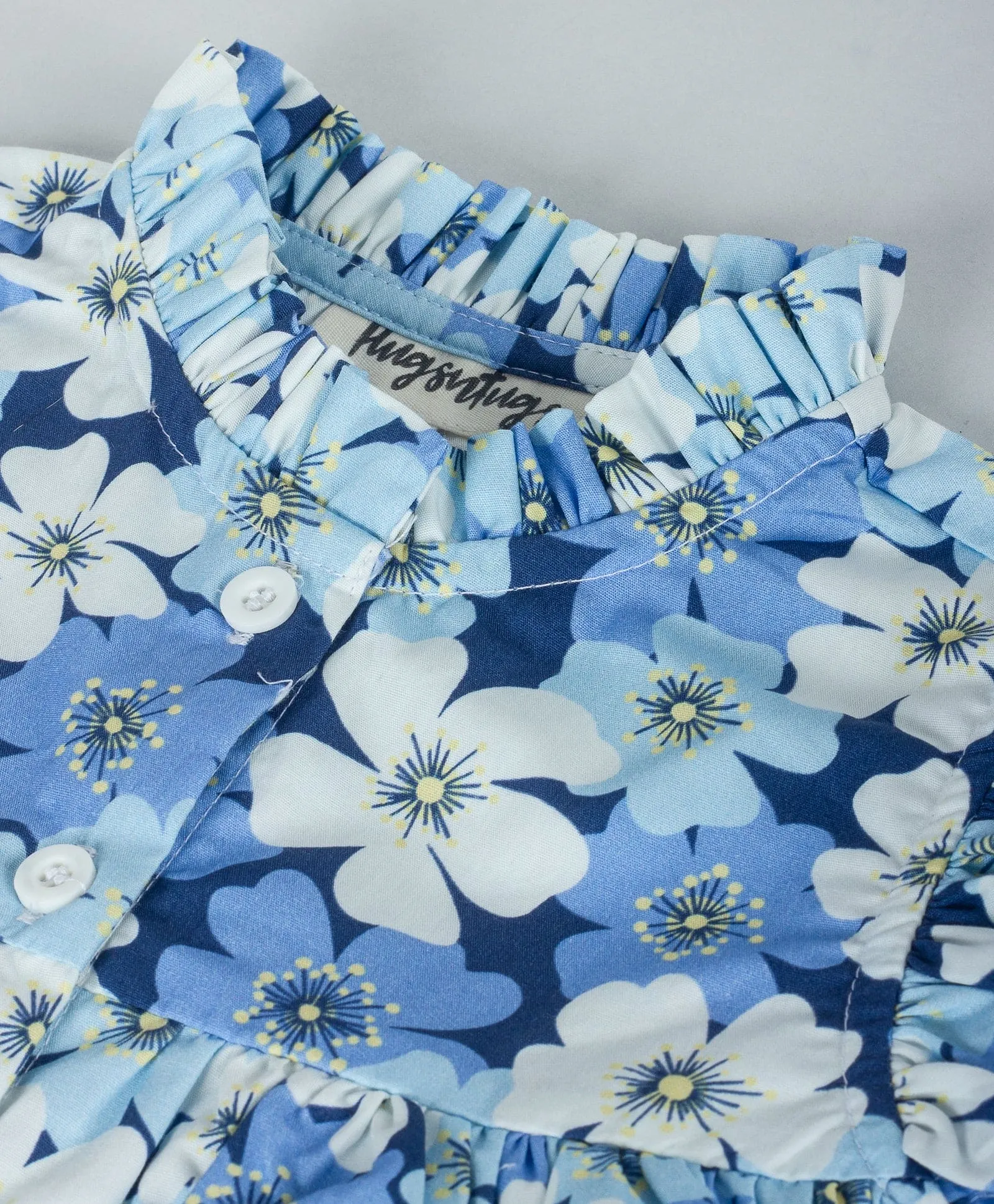 Floral print top with frills at neck & armhole with front button down opening-Blue