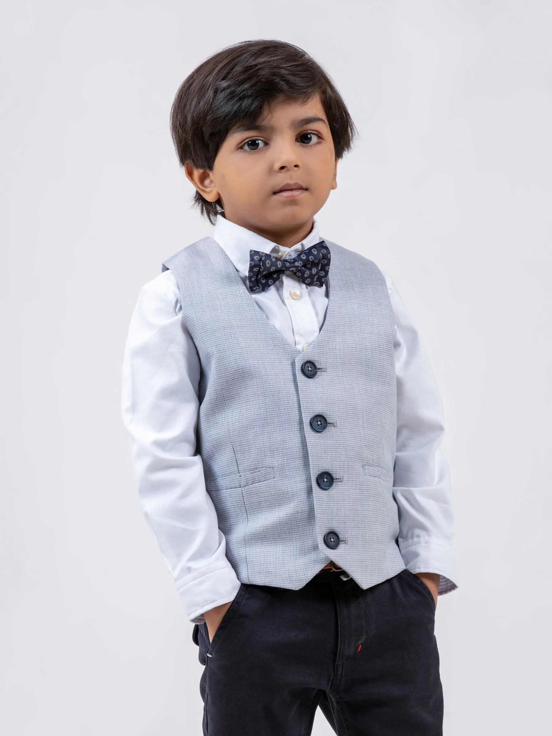 Grey Micro Houndstooth Suit Vest With Bow