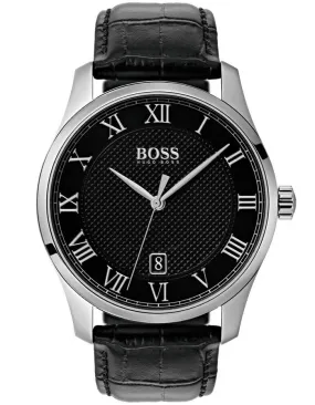 Hugo Boss Mens Master Watch - Stainless Steel - Date - Black Croc Leather Strap