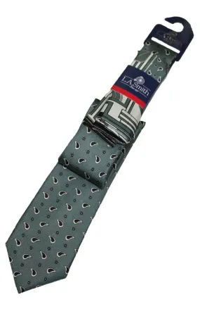 L A Smith Art Deco Black Grey Silk Tie And Hank Set