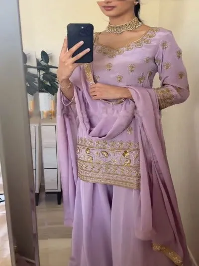 Lilac Georgette Designer Sequence Work Palazzo Suit Set