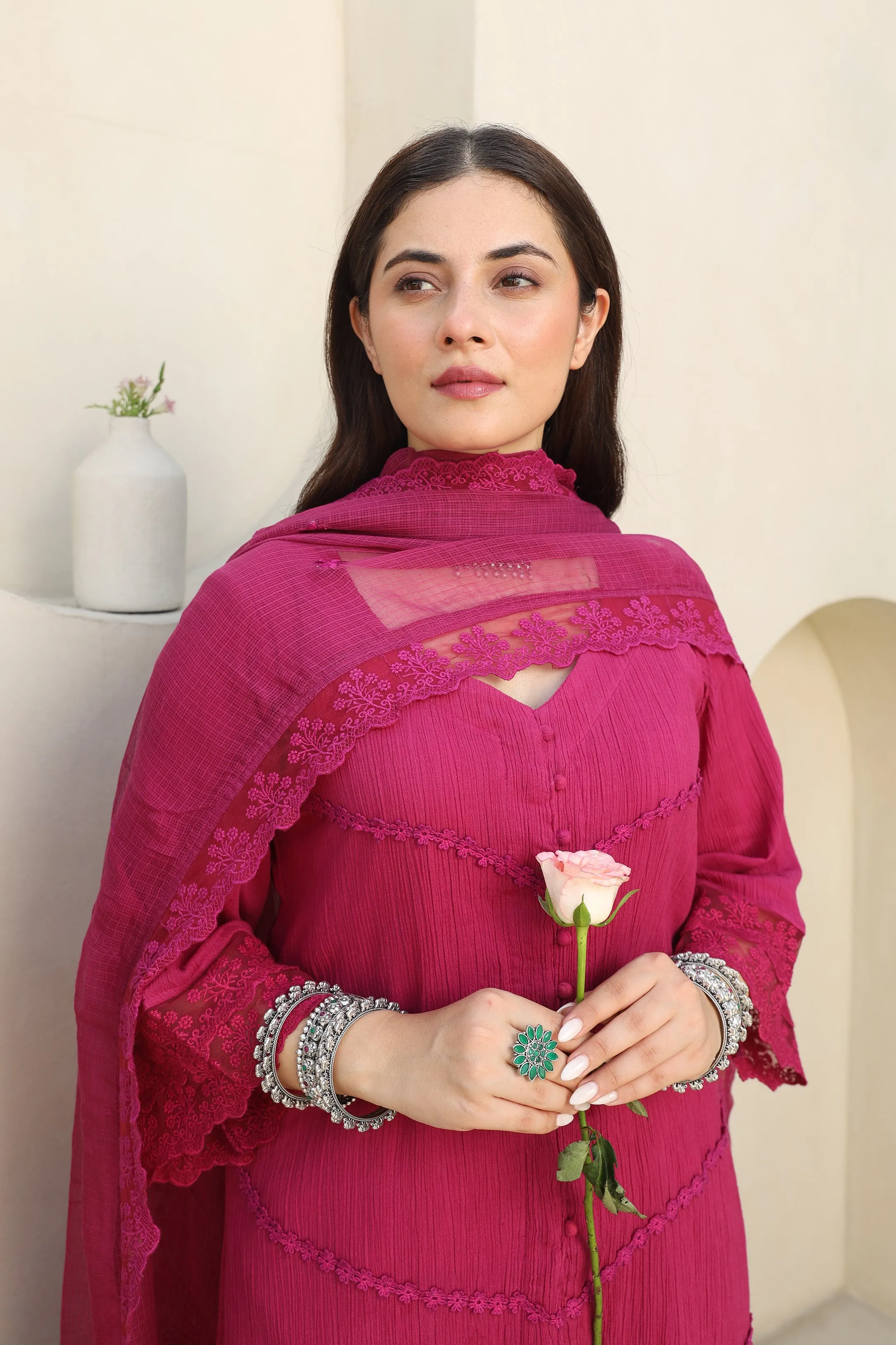 Magenta Bloom Cotton Gauze Suit Set