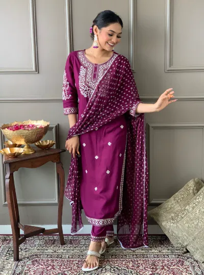 Magenta Embroidery Salwar Suit Dupatta Set of 3